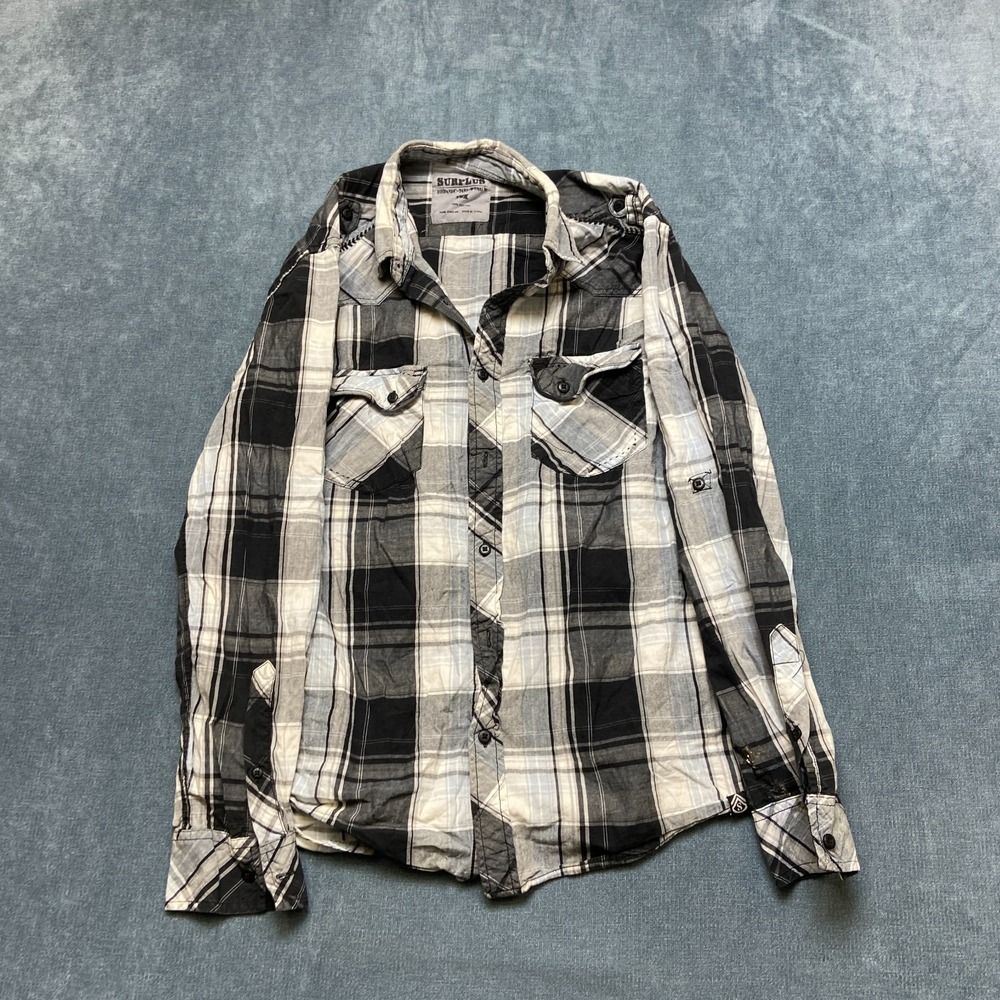 Surplus Western Shirt Men Medium Black Plaid Cowboy Riding Long Sleeve Button Up
